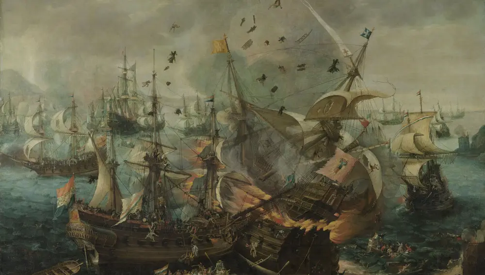 Explosión de un navío español durante la batalla de Gibraltar. Cuadro por Cornelis Claesz.