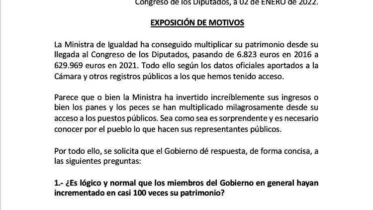 Pregunta del diputado Pablo Cambronero sobre el aumento de patrimonio de Irene Montero