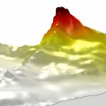 Captura de la simulación por ordenador de las oscilaciones del Matterhorn. El movimiento no es normal, está exagerado para facilitar su visualización pero, en realidad, es del orden de los micrómetros (como mucho)