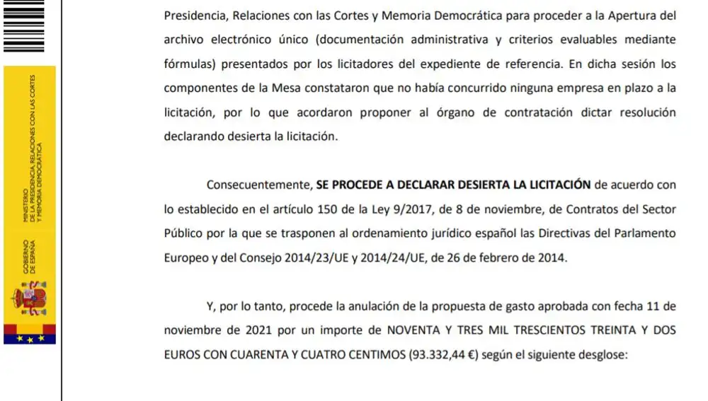 Una imagen del pliego en el que Moncloa informa que la primera licitación quedó desierta