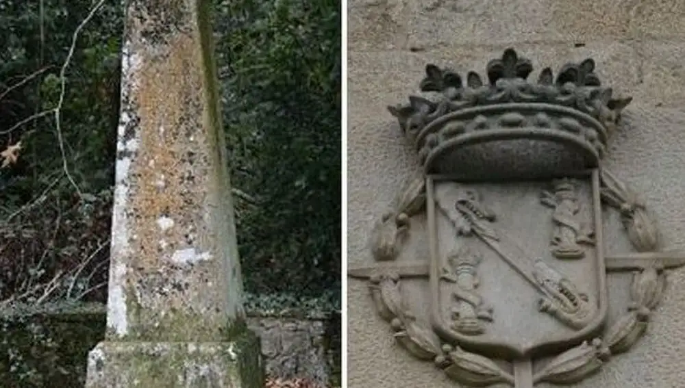 El monolito que se colocó en el jardín por la visita de Alfonso XIII en 1927 y un escudo del Ducado de Franco