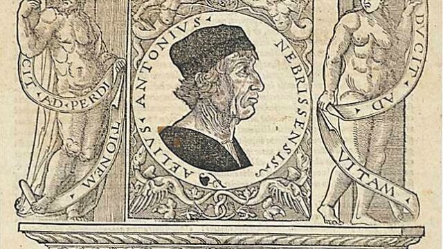 Portada del "Dictionarium" de Antonio de Nebrija de 1536 por sus hijos. La xilografía con su retrato está atribuida a Antonio Ramiro