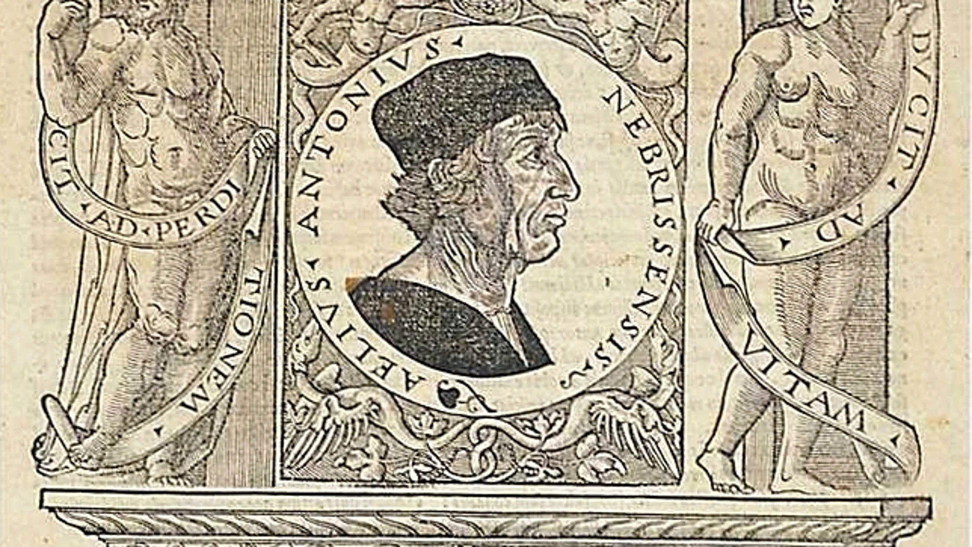 Portada del "Dictionarium" de Antonio de Nebrija de 1536 por sus hijos. La xilografía con su retrato está atribuida a Antonio Ramiro