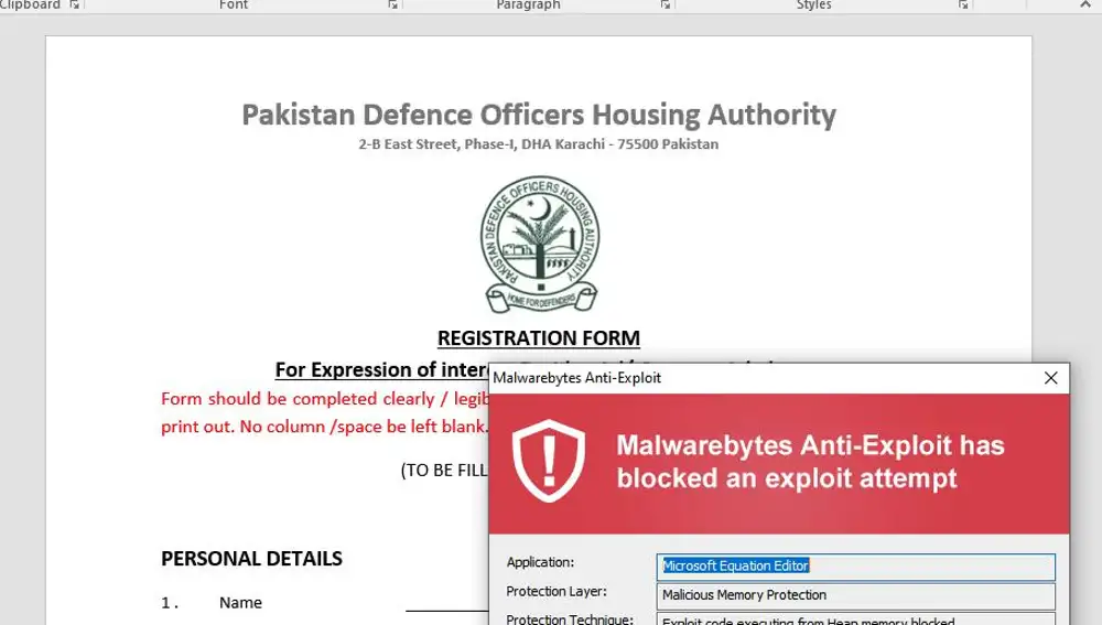 Documento de texto en formato RTF que simula corresponder a un formulario de las autoridades pakistaníes e intenta aprovechar el &quot;exploit&quot;, detectado por antivirus.