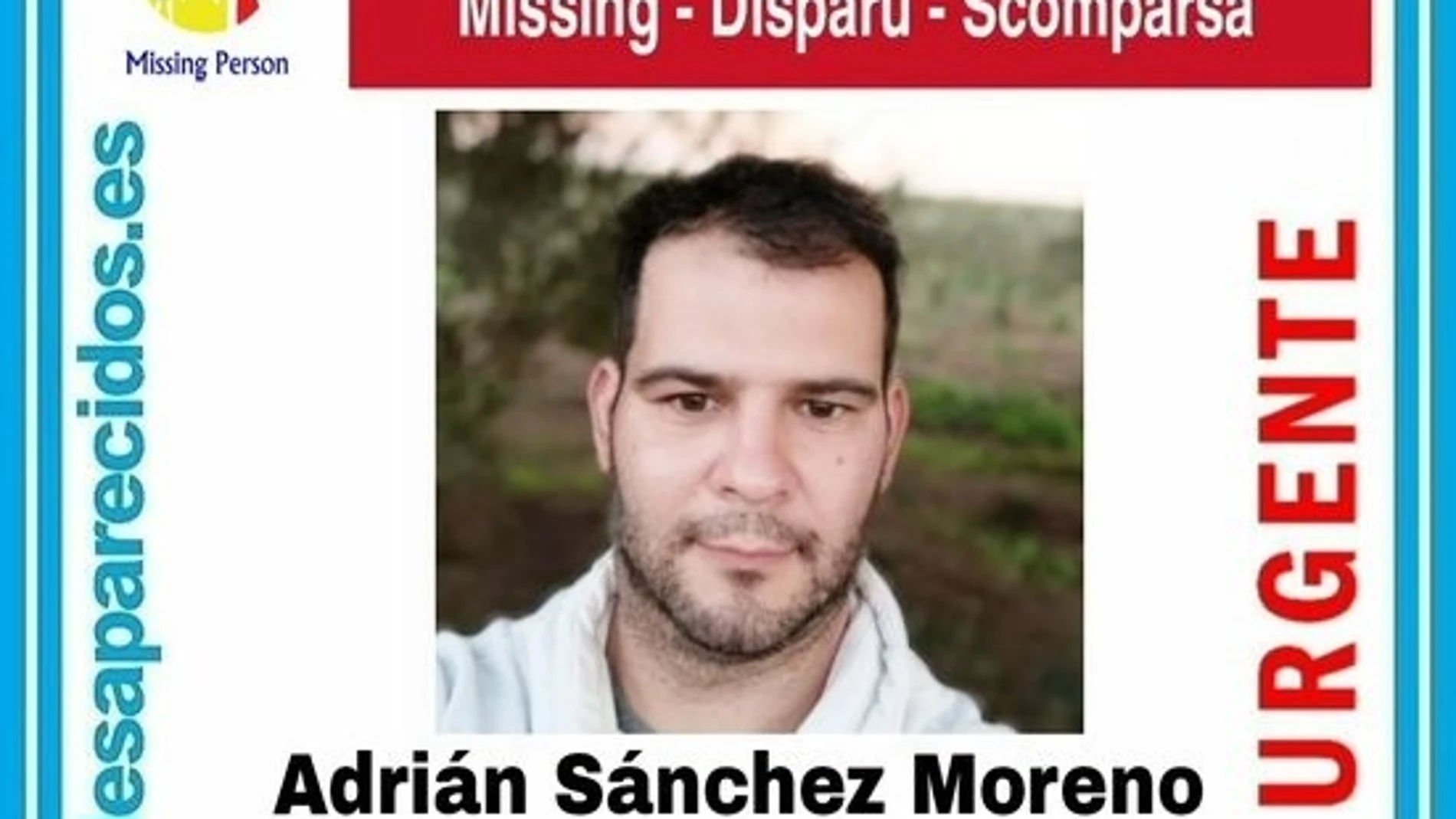 Cartel alertando de la desaparición de Adrián Sánchez Moreno. SOS DESAPARECIDOS
