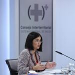 La ministra de Sanidad, Carolina Darias, durante la rueda de prensa posterior a la reunión del Consejo Interterritorial de Sanidad, este miércoles en Madrid.