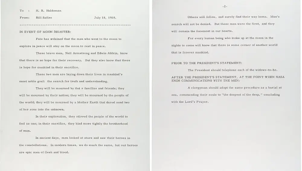Discurso escrito por Bill Safire el 18 de julio de 1969, que sería recitado por el presidente de EEUU en el caso de que el Apolo 11 no hubiese conseguido completar su misión con éxito