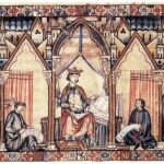 Una miniatura de las Cantigas de Santa María en donde se puede observar a Alfonso X el Sabio dictando