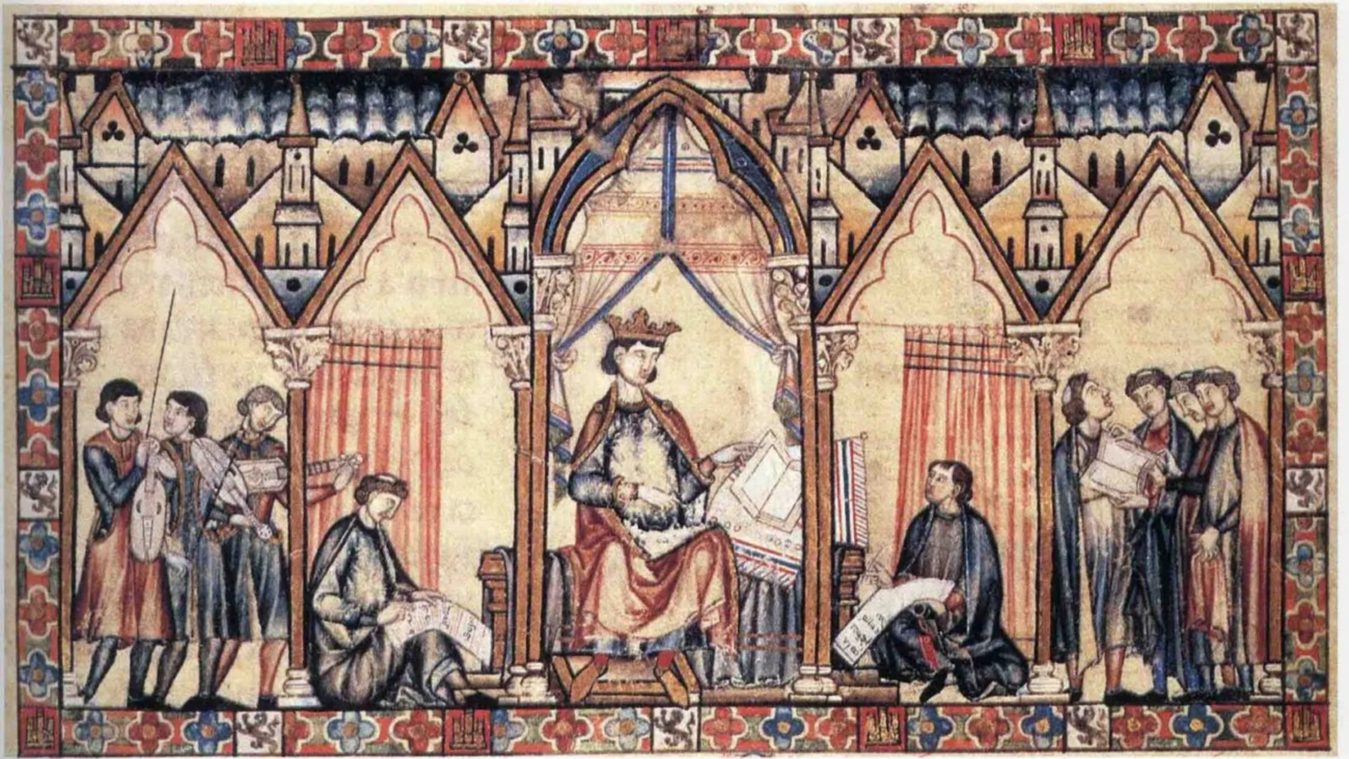 Una miniatura de las Cantigas de Santa María en donde se puede observar a Alfonso X el Sabio dictando