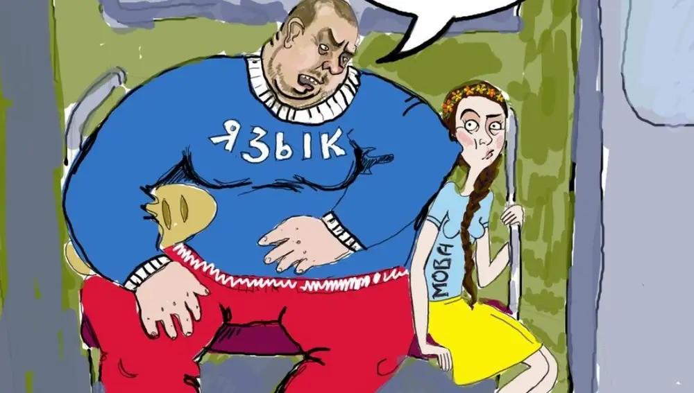 Caricatura de Vidsich que muestra al gran hombre, que representa el idioma ruso, diciéndole a la niña, que representa el idioma ucraniano, que &quot;deje de reprimirme&quot;.