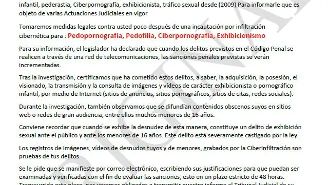 El documento PDF falso, adjunto a los &quot;mails&quot; fraudulentos, en el que se informa a la recpetor de que está siendo objeto de actuaciones judiciales y será detenido en un plazo de 48 horas.