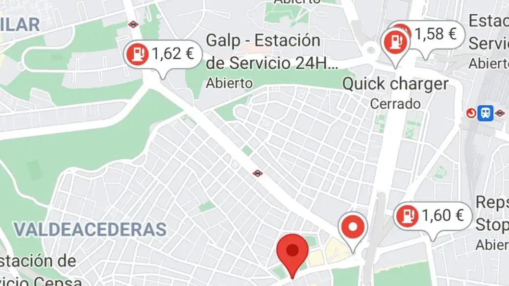 Imagen de Google Maps que te permite comparar el precio de cada tipo de combustible en cada gasolinera de Madrid