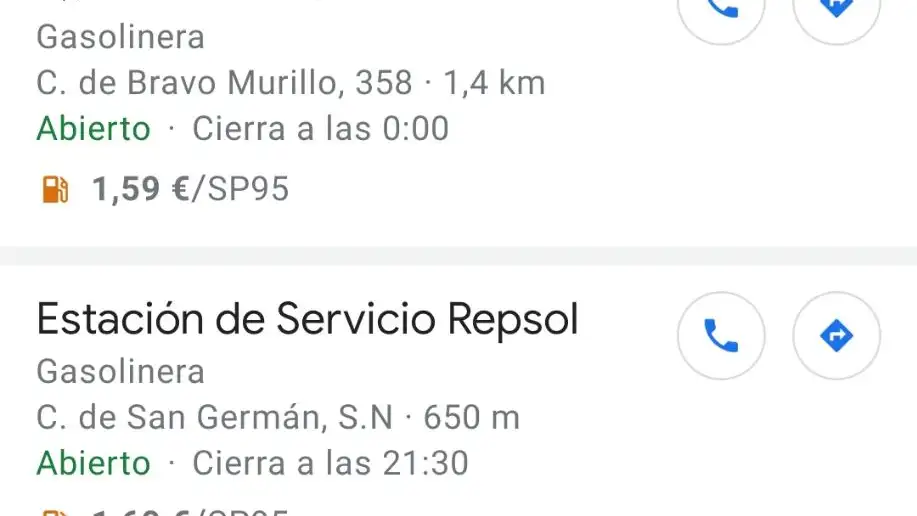 Imagen de Google Maps que te permite comparar el precio de cada tipo de combustible en cada gasolinera de Madrid