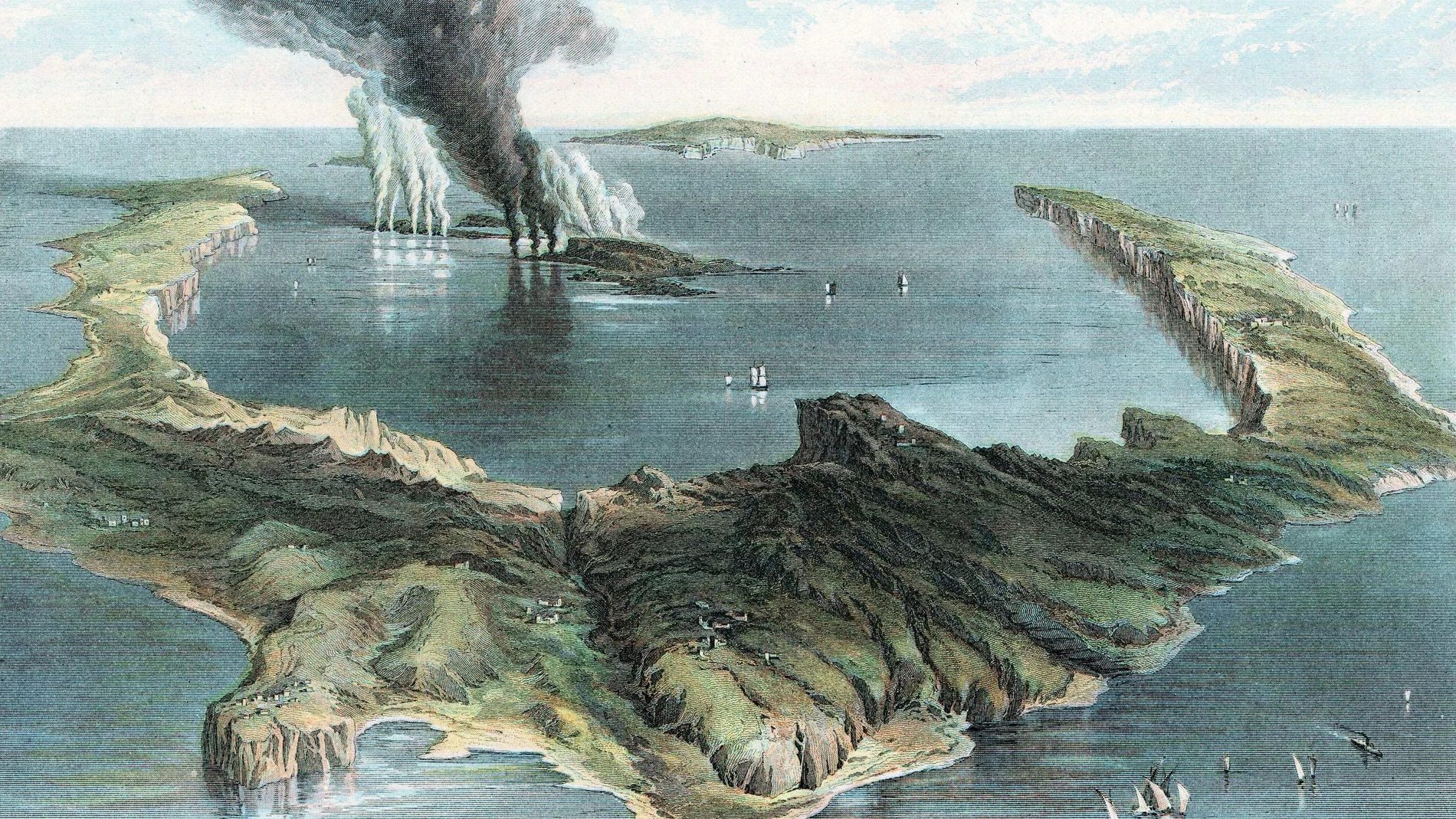 Recreación artística de Ann Ronan que ayuda a completar visualmente el episodio histórico en el que la isla de Thera (actual Santorini) quedó debastada por una erupción volcánica