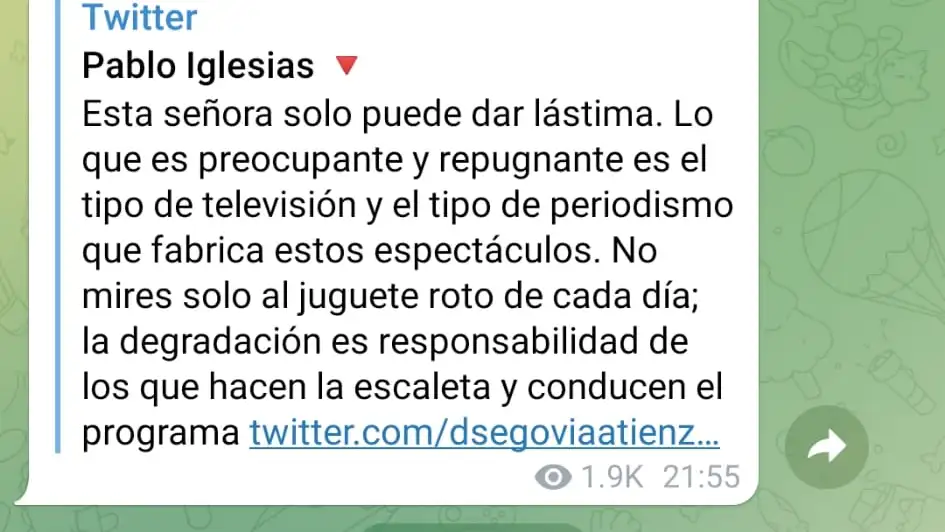 Canal público de Telegram de Pablo Iglesias, en el que aparece el mensaje sobre los datos del CIS