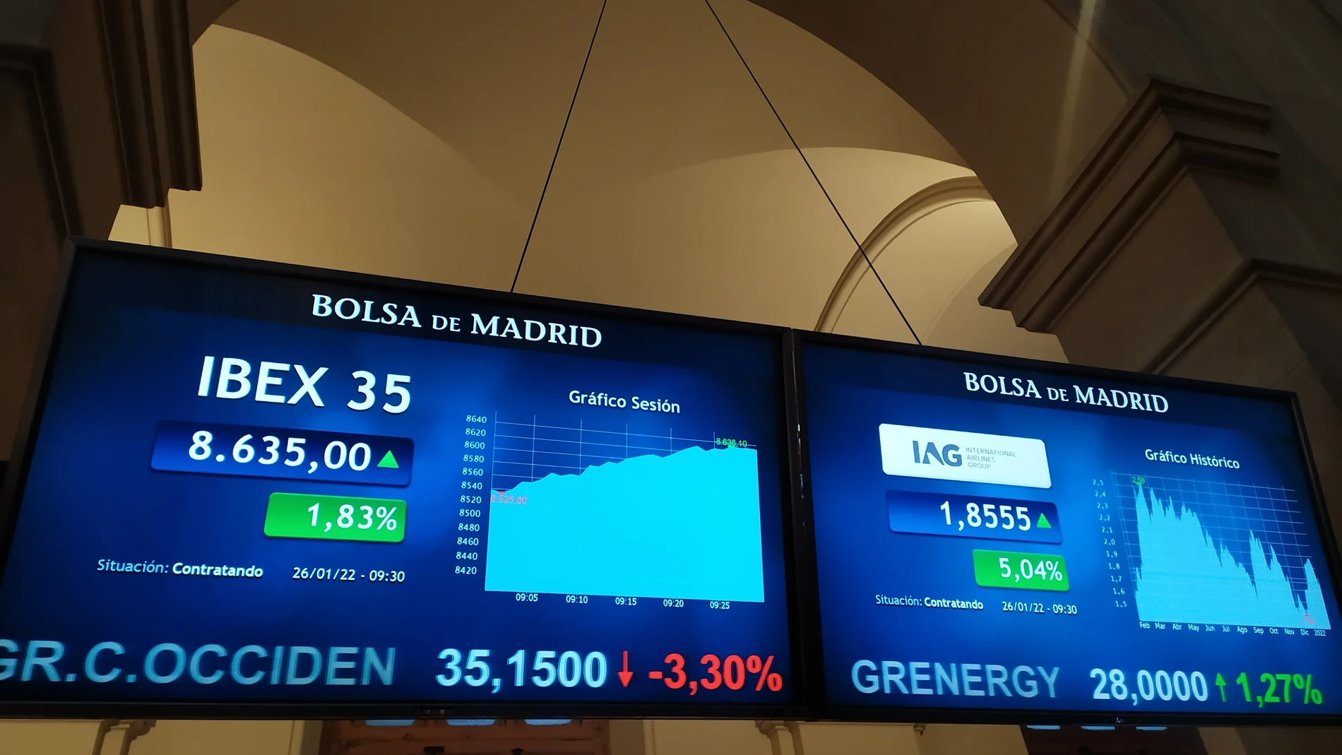 Pantalla del Ibex 35, el principal indicador del parqué madrileño de la Bolsa este miércoles 26 de enero