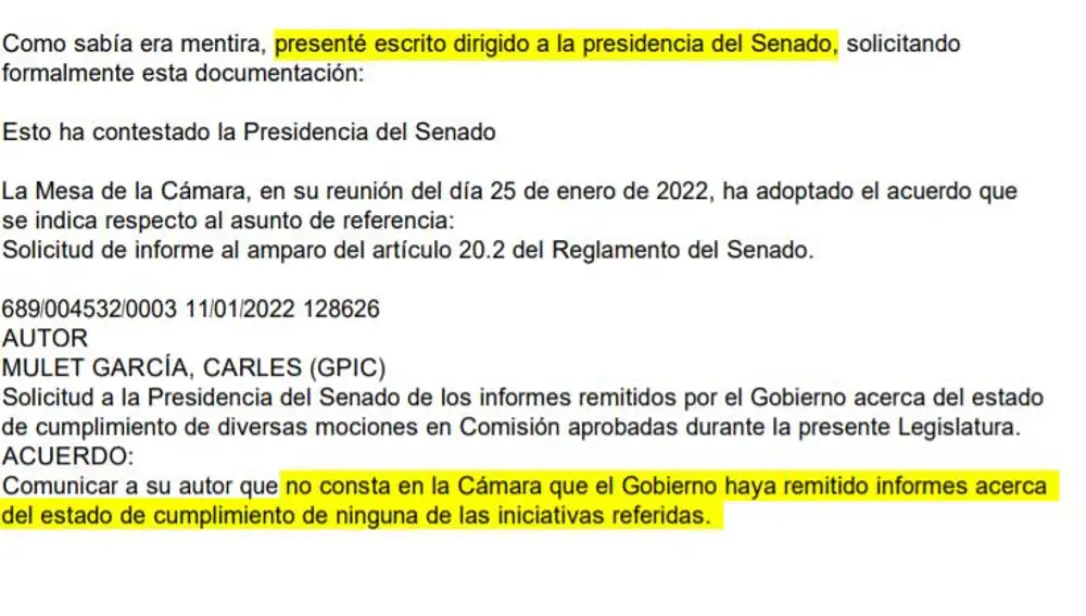 Respuesta del presidente del Senado a Carles Mulet