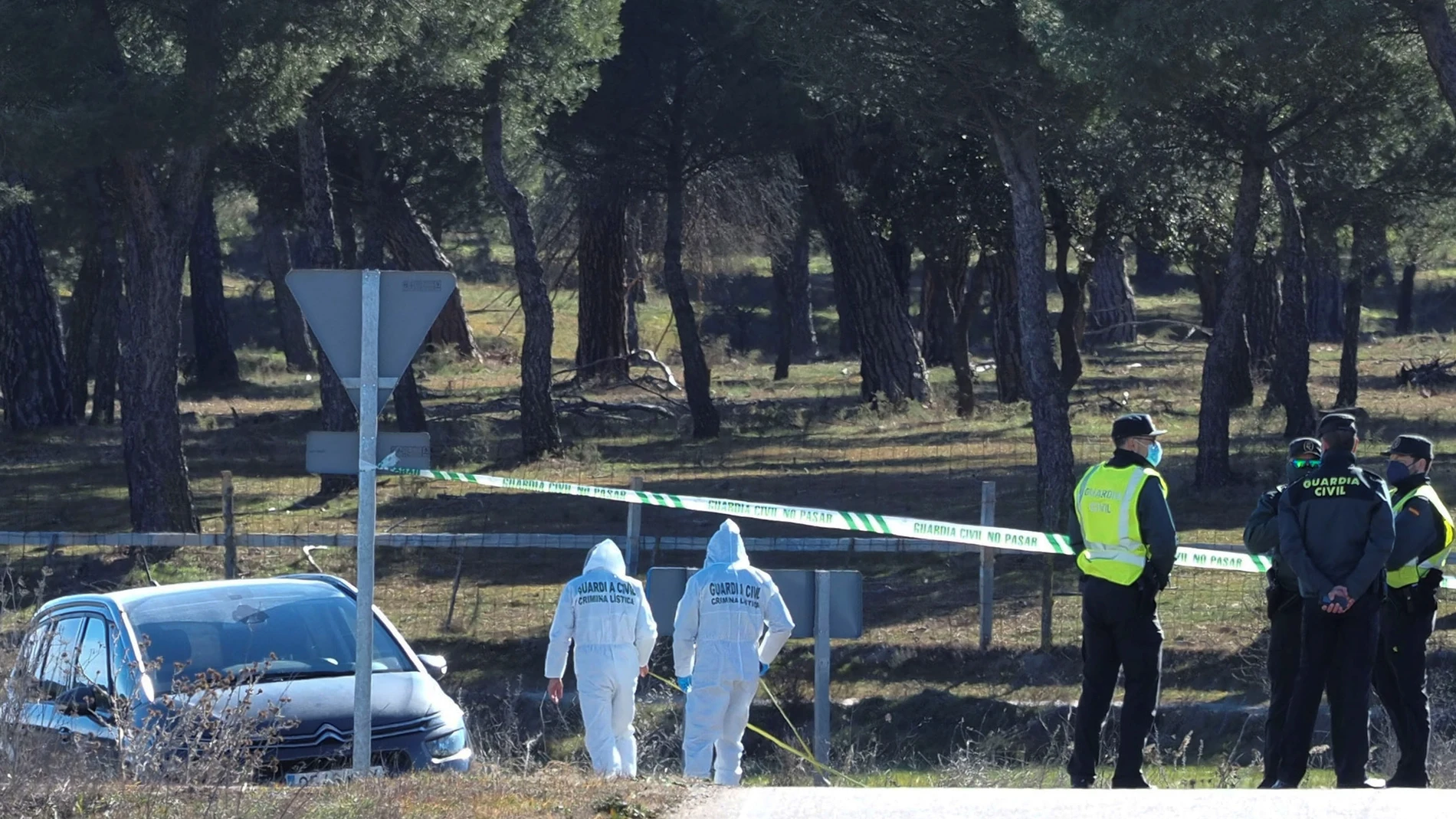 Efectivos de la Guardia Civil controlan el acceso a la zona donde este sábado se ha encontrado un cuerpo que podría corresponder a la joven Esther López, de 35 años, desaparecida hace veinticinco días en Traspinedo (Valladolid). EFE/R. García