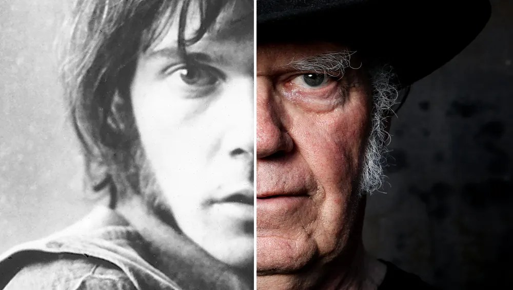 A la izquierda, Neil Young cuando se ganó el apodo de "Shakey" y a la derecha, en la actualidad