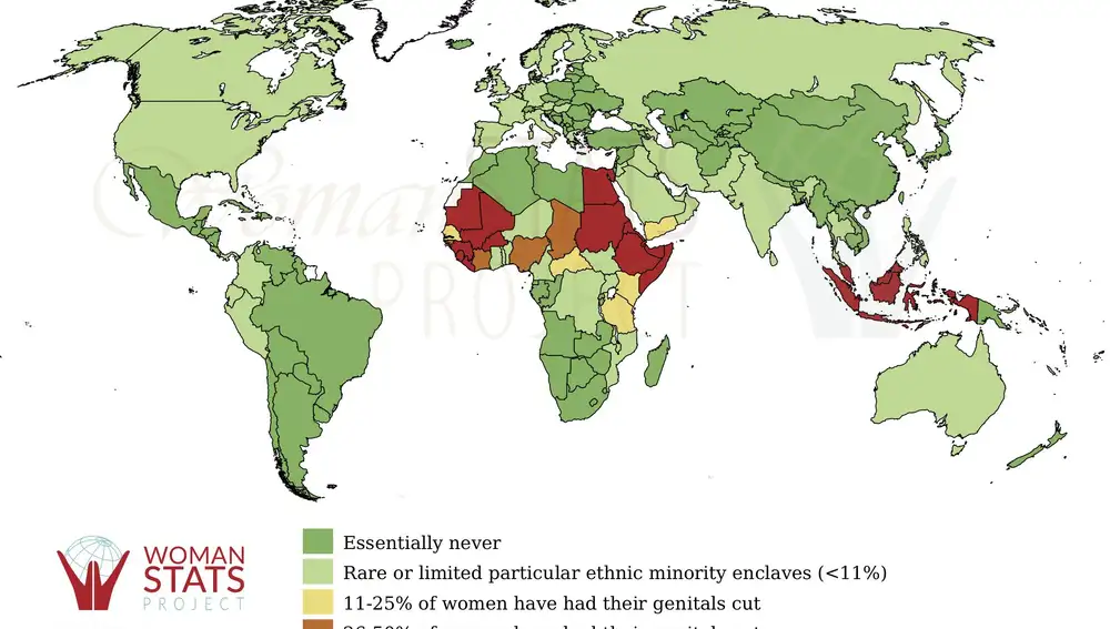 Prevalencia de la Mutilación Genital Femenina en el año 2020 por países | Fuente: womanstats.org