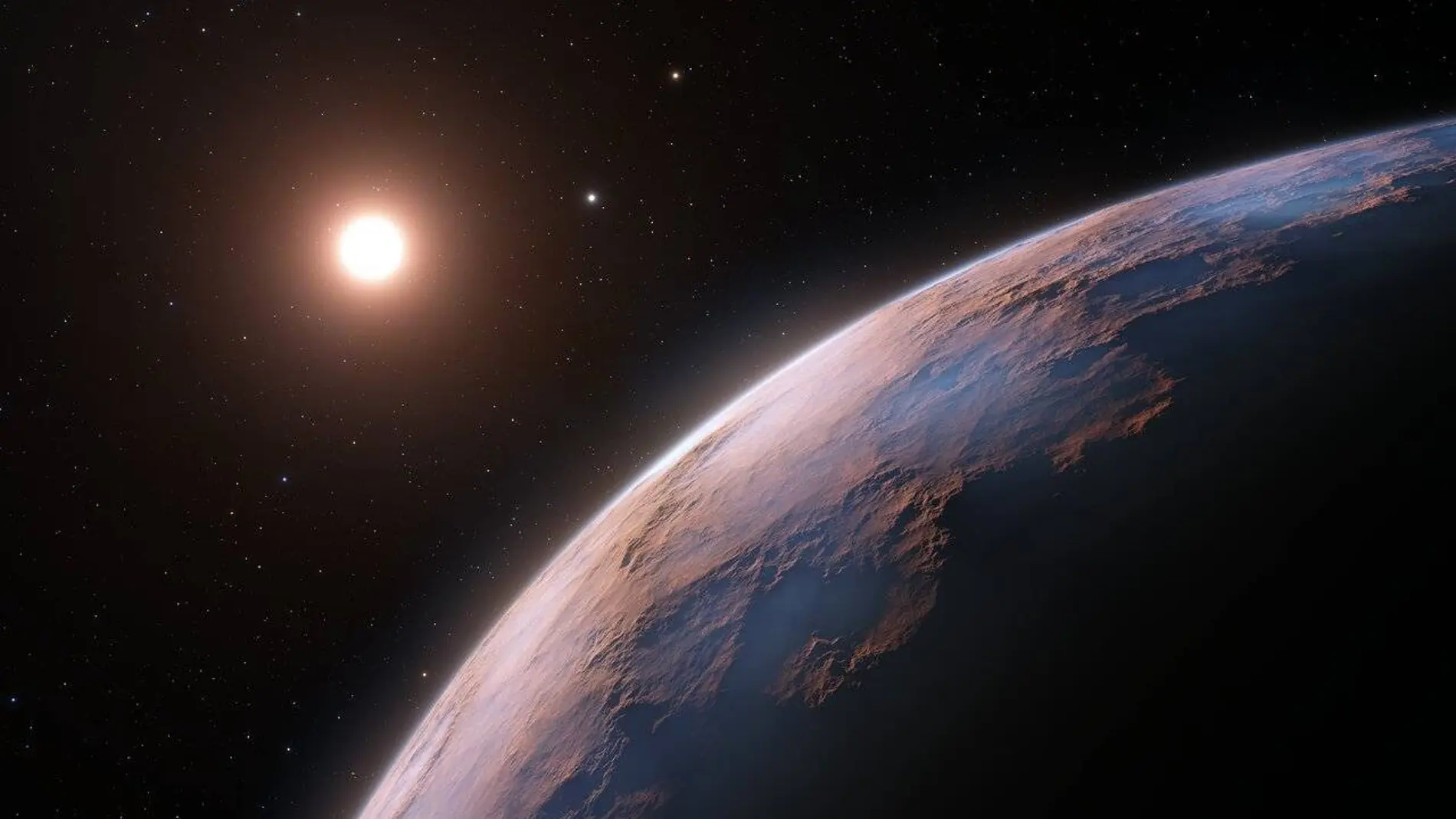 Representación artística de Próxima d orbitando la estrella enana roja Próxima Centauri. Al fondo, otros dos planetas: Próxima b y Próxima c.