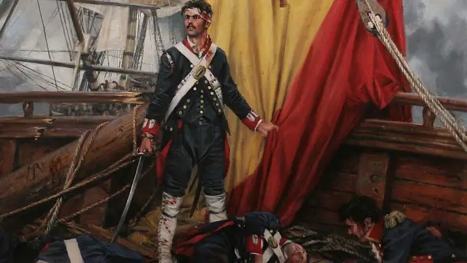"Mi bandera", por Augusto Ferrer-Dalmau. Donde representa al granadero Martín Álvarez en la batalla del Cabo de San Vicente (14 de febrero de 1797) defendiendo la bandera de su navío el "San Nicolás de Bari"