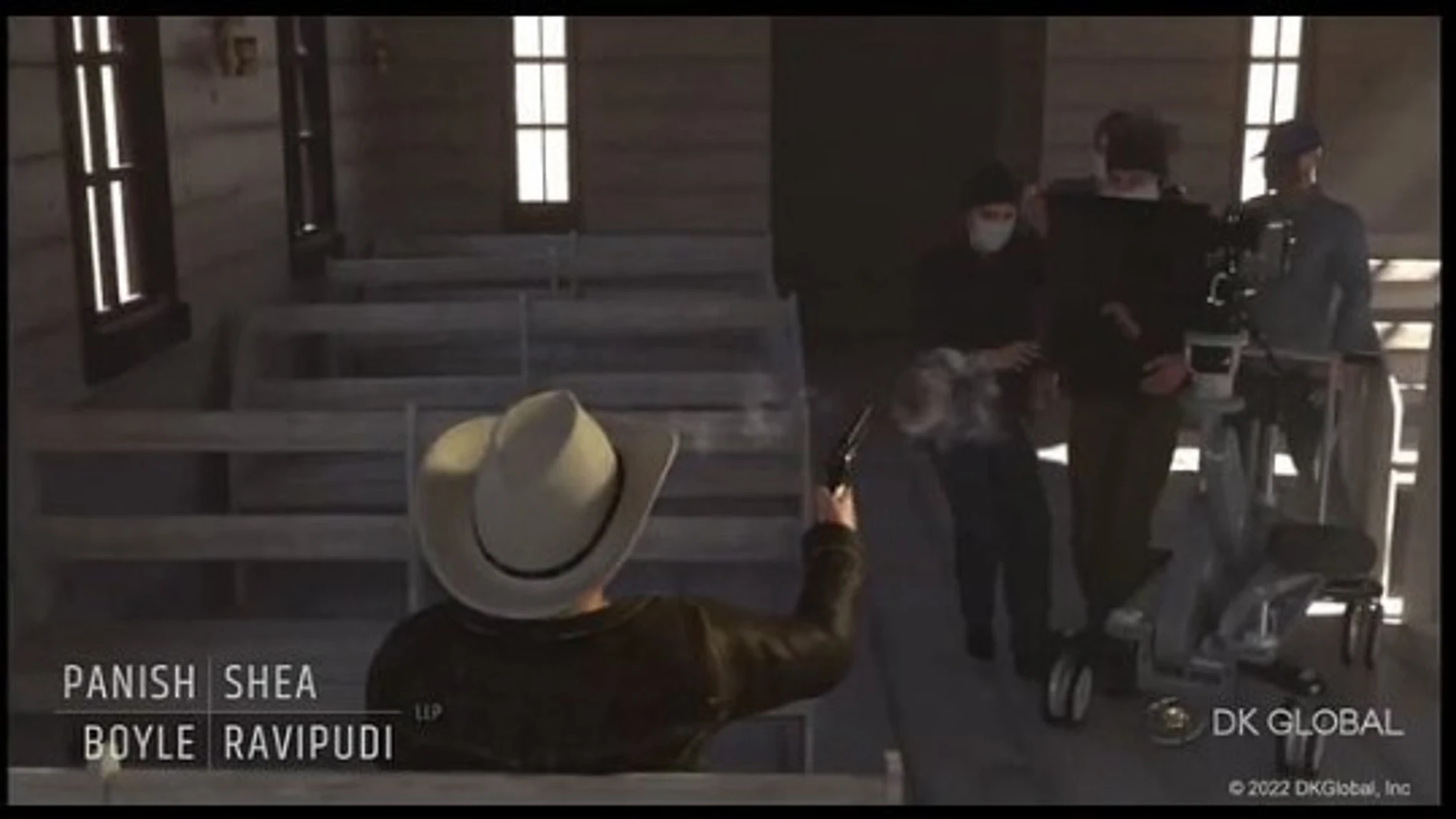 Escena del vídeo que recrea el accidental disparo de Alec Baldwin en el rodaje de "Rust"