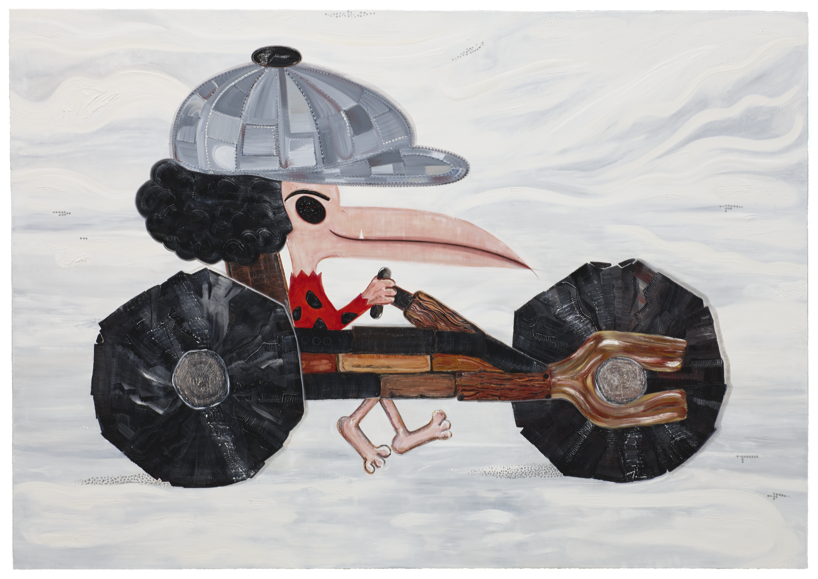 Los cuadros de Abdul Vas representan a Brian Johnson con rasgos de ave y sobre coches de carreras