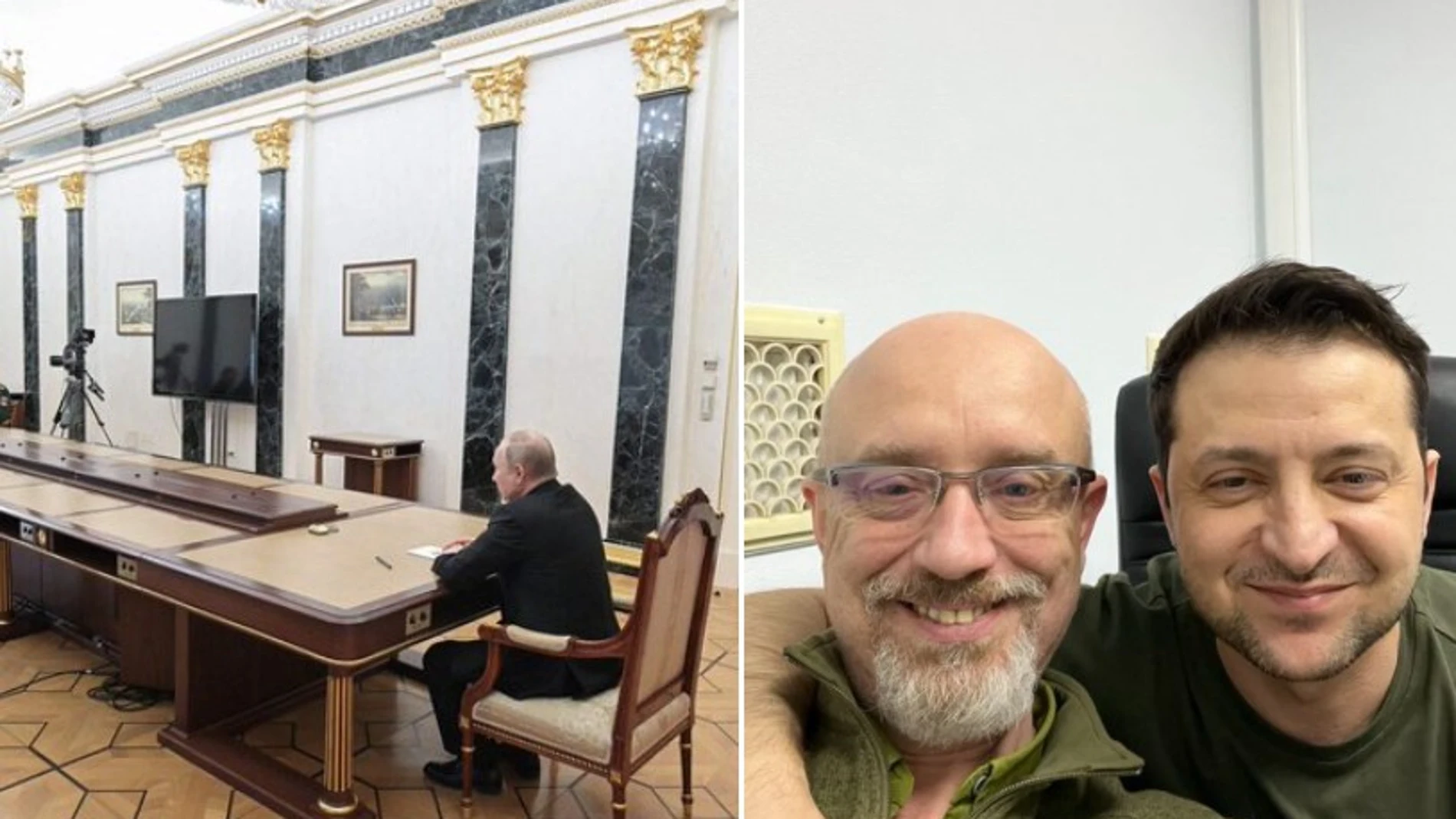 El ministro de Defensa ruso se reunió con Putin en una mesa a larga distancia, mientras que su homólogo ucraniano lo hizo con Zelenski de una forma más cercana