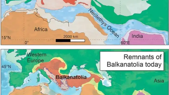 Ilustración de Balkanatolia hace 40 millones de años y lo que queda de ella en la actualidad | Fuente: Alexis Licht & Gregoire Metais