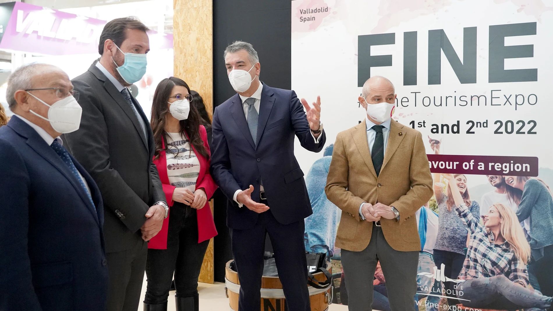 Acto de inauguración de la Feria Internacional de Enoturismo (FINE) con la participación del alcalde de Valladolid, Óscar Puente; la vicepresidenta de la Diputación, Gema Gómez; el subdelegado, Emilio Álvarez; el presidente de la Cámara de Valladolid, Víctor Caramanzana; y el director de la Feria de Valladolid, Alberto Alonso