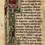 La batalla de Covadonga descrita en un manuscrito, con Pelayo en la cueva y abajo los musulmanes