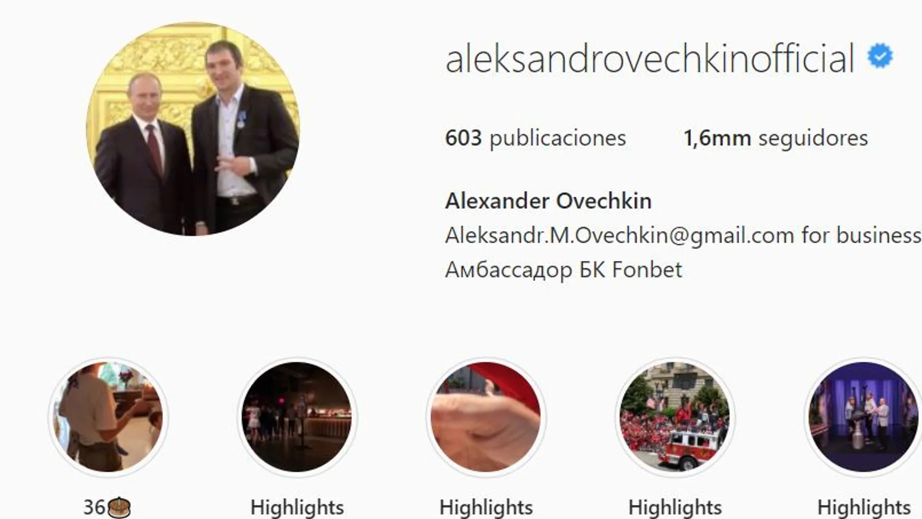 Aleksandr Ovechkin junto a Putin en su perfil de Instagram