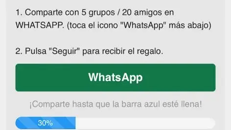 Para reclamar el premio, los ciberdelincuentes exigen compartir el sorteo fraudulento con 5 grupos de WhatsApp o 20 contactos.