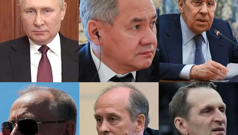 Arriba de izq. a derecha: Vladimir Putin, Sergei Shoigu y Sergei Lavrov. Abajo de izq. a derecha: Nikolai Patrushev, Alexander Bortnikov y Sergei Naryshkin