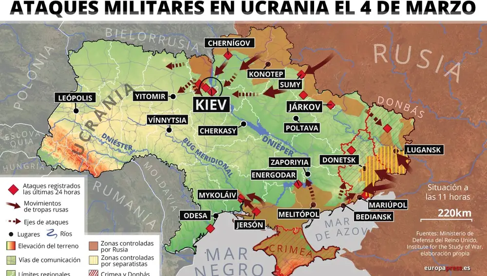 Mapa con ataques militares en Ucrania el 4 de marzo de 2022 (Estado a las 11:00 horas). Las autoridades de Ucrania han confirmado este viernes que las fuerzas rusas se han hecho con el control de la central nuclear de Zaporiyia, la más grande de Europa, horas después de un ataque con artillería que ha provocado un incendio en las instalaciones que ha sido posteriormente extinguido. 04 MARZO 2022 Europa Press 04/03/2022