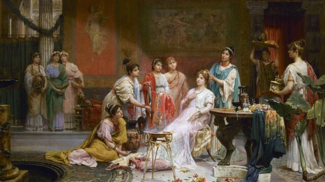 Una matrona romana es maquillada y peinada por sus esclavas en el tocado, Juan Giménez Martín, siglo XIX.