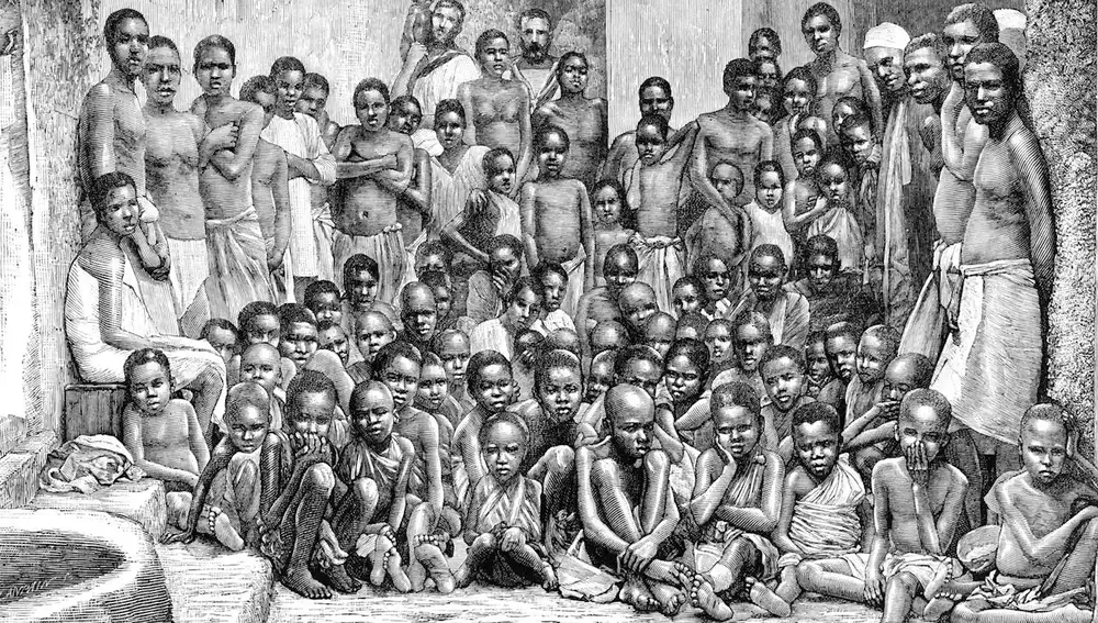 Ilustración de esclavos encerrados