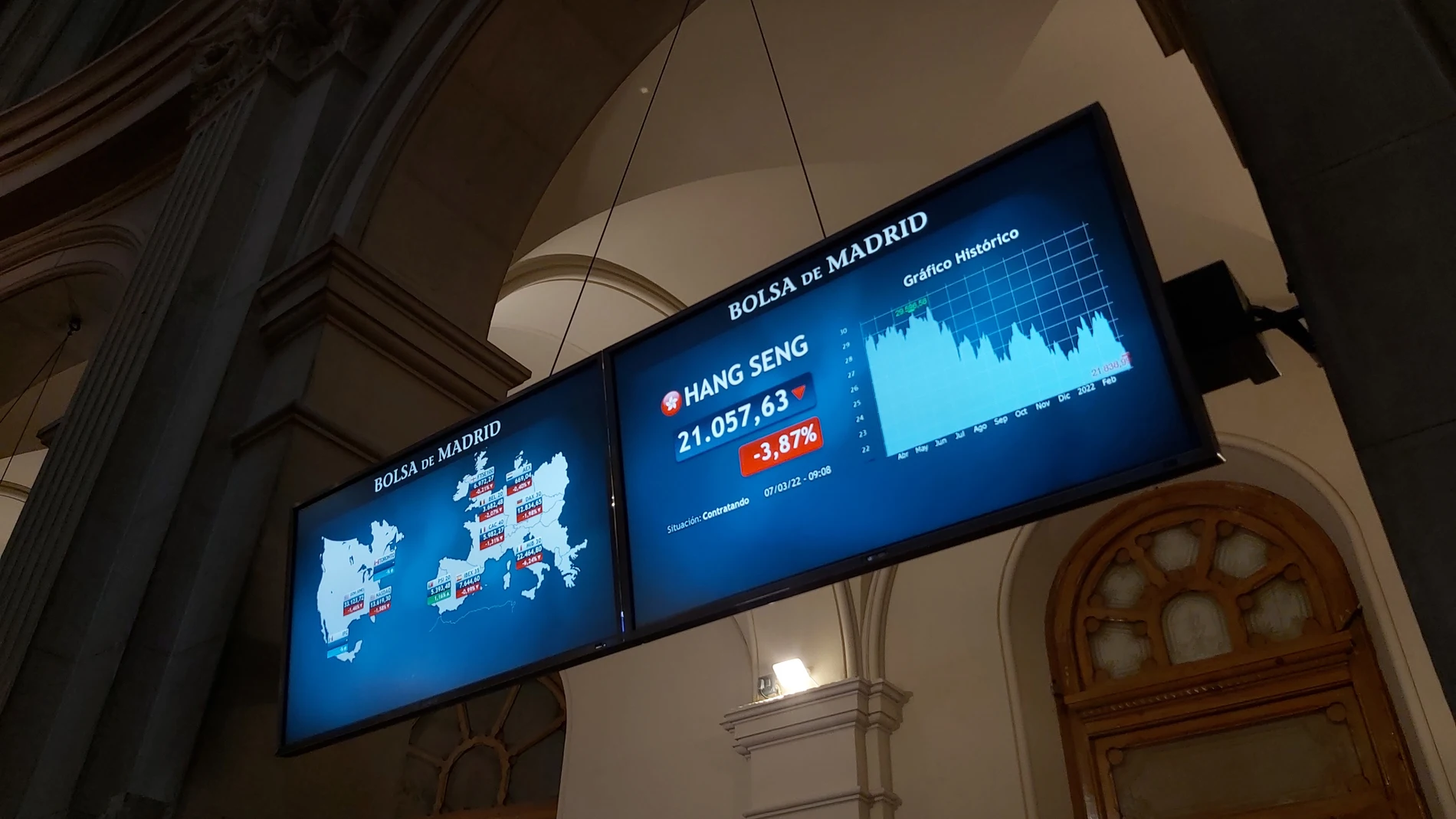 Pantallas muestran la evolución del Ibex 35 en la Bolsa de Madrid