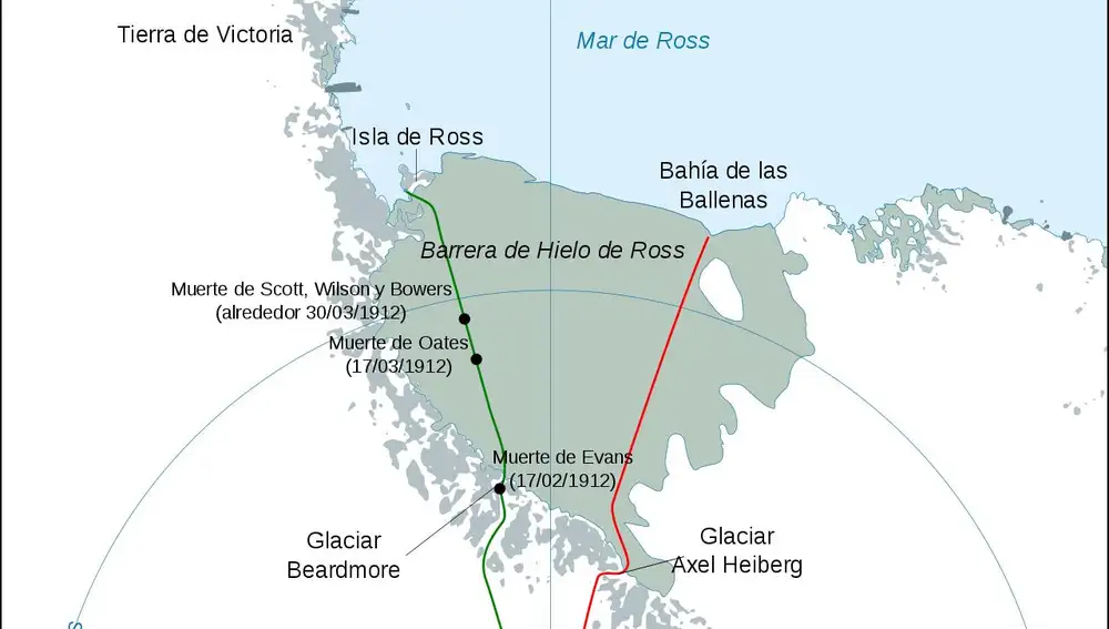 Las rutas hacia el Polo Sur tomadas por Scott (verde) y Amundsen (rojo) | Fuente: Dominio Público