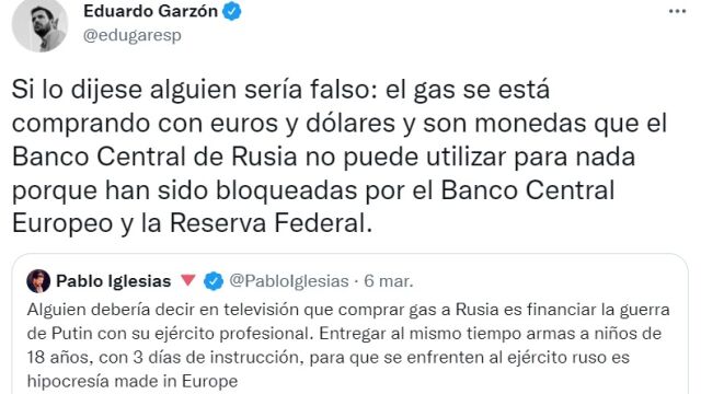 Tuits de Pablo Iglesias y Eduardo Garzón sobre el gas ruso