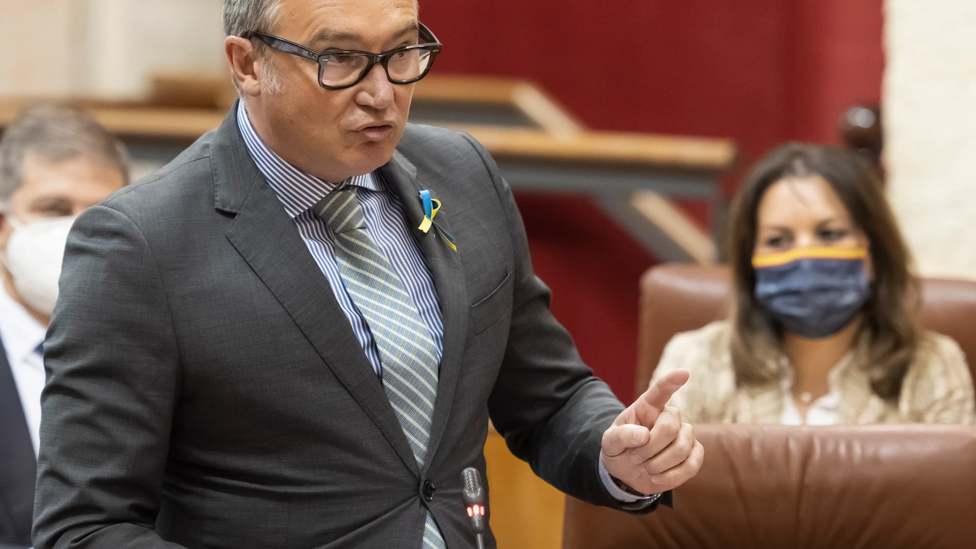 El portavoz parlamentario de VOX, Manuel Gavira, , durante su intervención en la sesión de control al Ejecutivo en el Parlamento andaluz en Sevilla. EFE/ Raúl Caro.