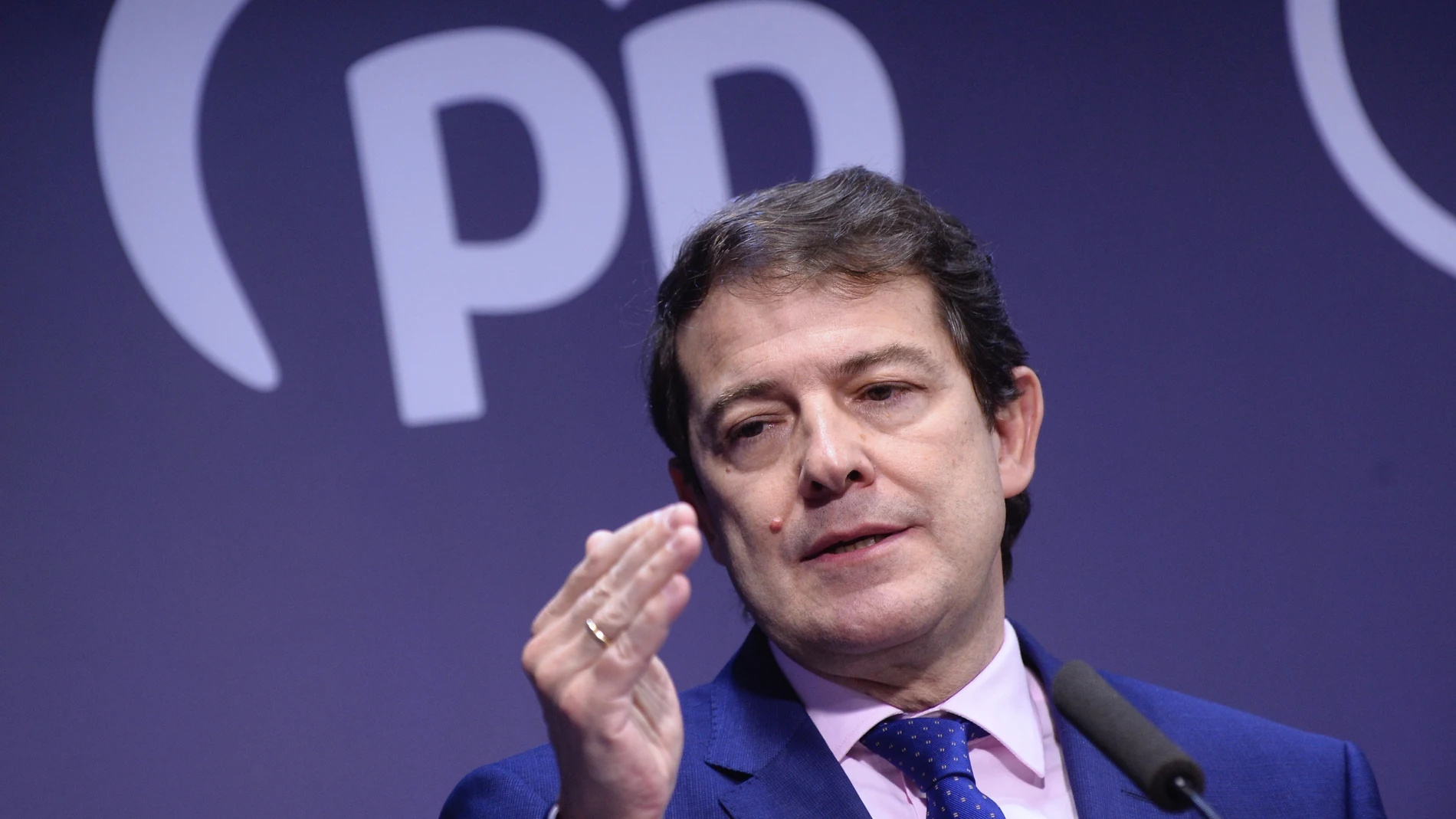 El presidente del PP de Castilla y León, Alfonso Fernández Mañueco, comparece en una rueda de prensa tras una reunión telemática con los presidentes provinciales para explicarles el acuerdo con Vox