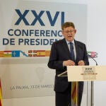 El presidente de la Generalitat Valenciana, Ximo Puig, comparece en la conferencia de Presidentes, en el Museo Arqueológico Benahoarita