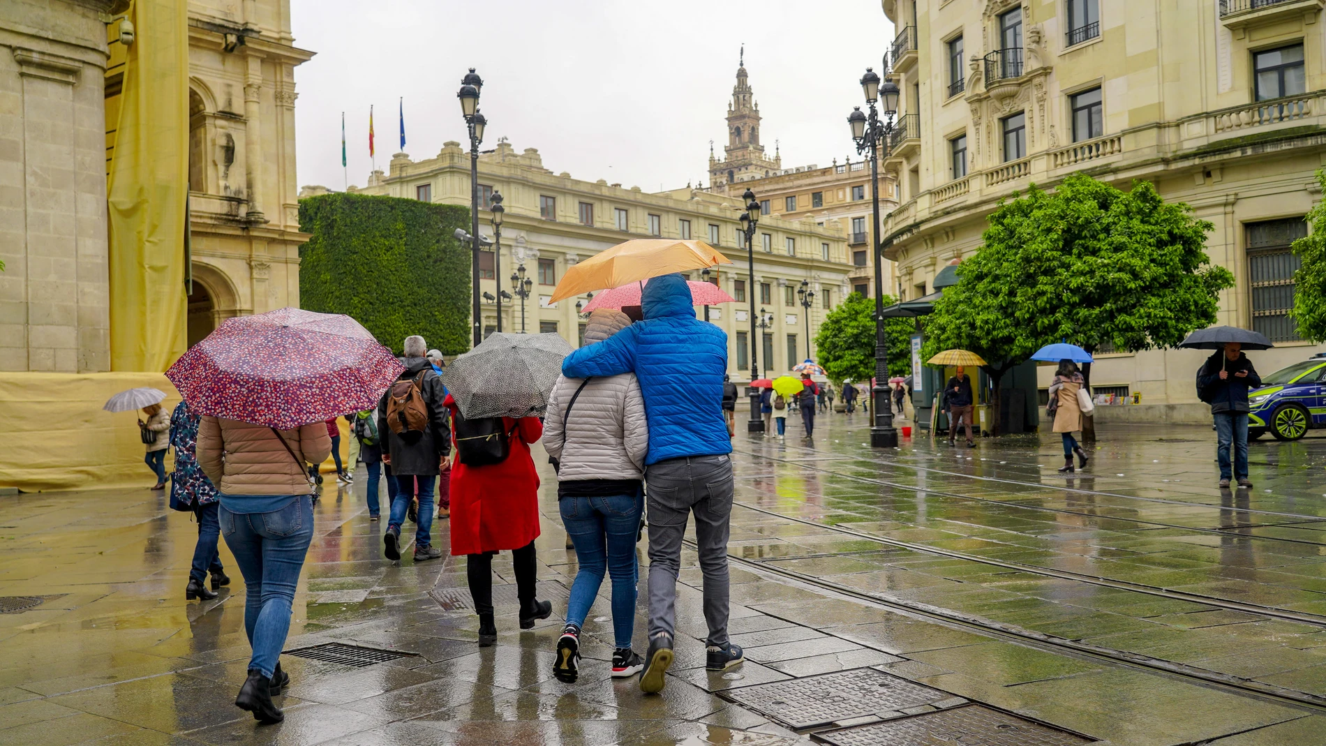 Imagen de la Plaza de San Francisco con la Giralda al fondo y lluvia. Eduardo Briones / Europa Press