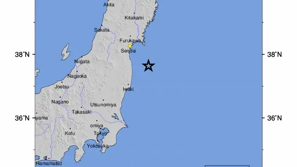 Un mapa de terremotos facilitado por el Servicio Geológico de los Estados Unidos (USGS) muestra la ubicación de un terremoto de 6,4 grados que se produjo cerca de Namie, Japón