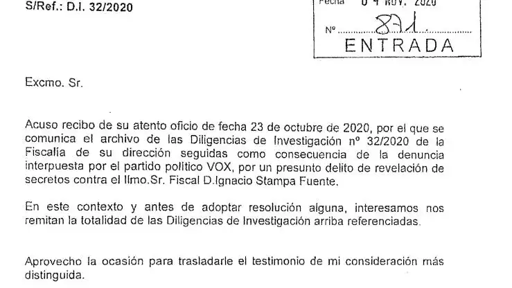 Documento del fiscal jefe de la secretaría Técnica solicitando toda la investigación