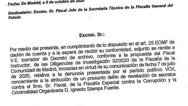 Documento de la Fiscalía de Madrid archivando por primera vez el &quot;caso Stampa&quot;