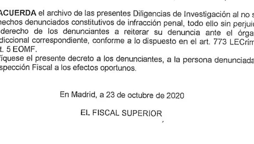 Archivo que envía el fiscal Superior de Madrid por segunda vez