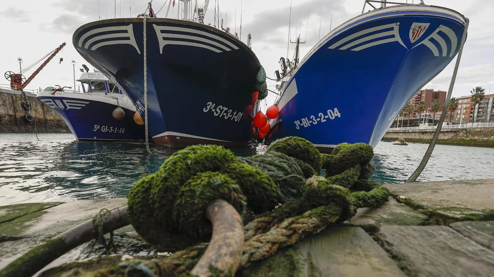 Tres barcos pesqueros amarrados en el puerto de Santurce (Vizcaya)